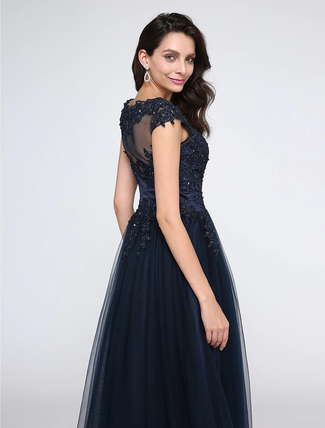 A-Line Little Black Prom Dress Wedding Guest Floor Length Sleeveless V Neck Tulle with Appliques