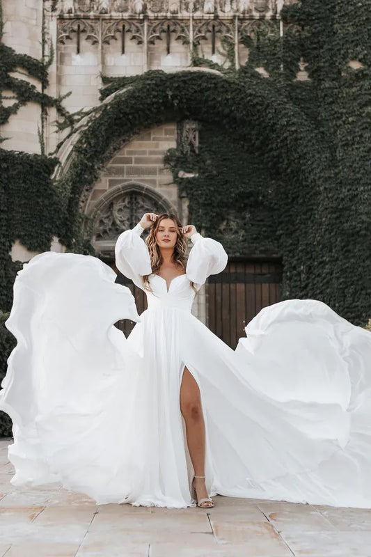 Bohemian V-Neck Off the Shoulder White Chiffon Long Wedding Dresses with Sleeves