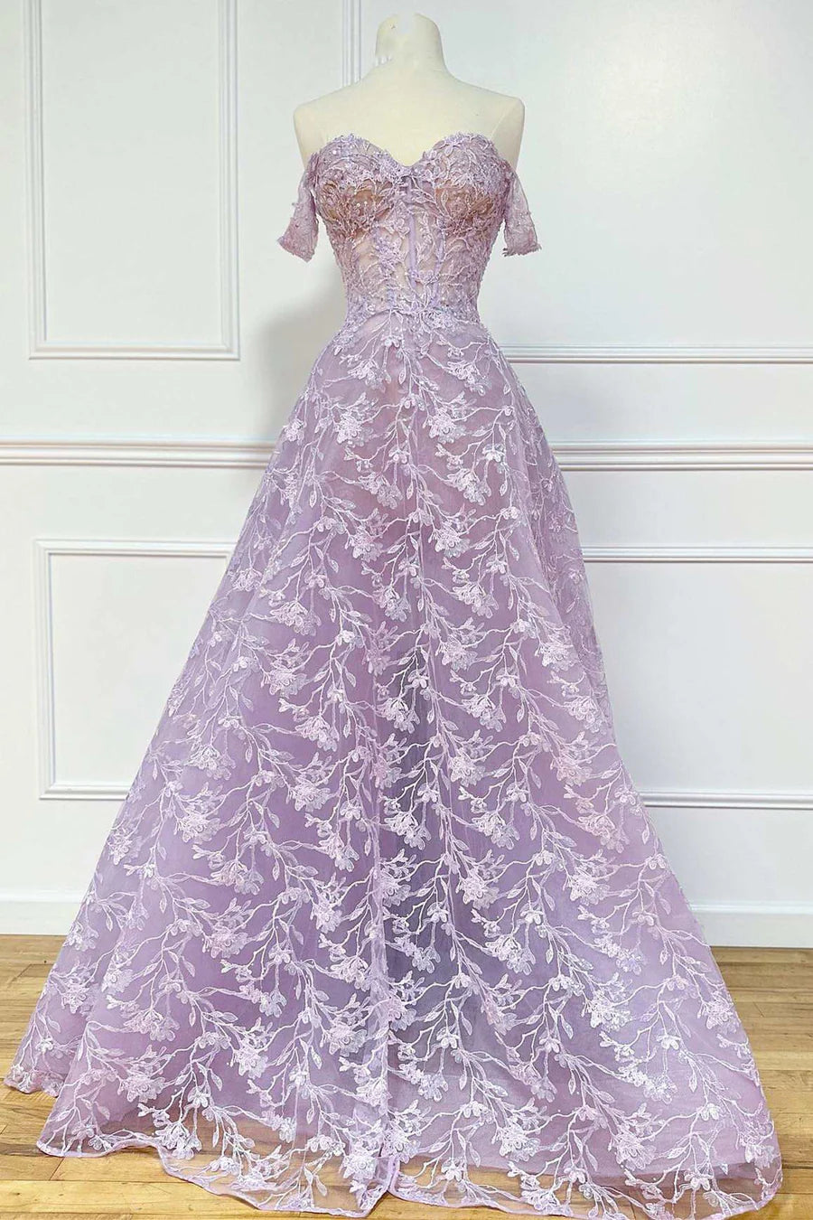 Floral Lace Off-the-Shoulder A-Line Prom Dress