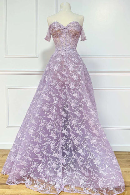 Floral Lace Off-the-Shoulder A-Line Prom Dress