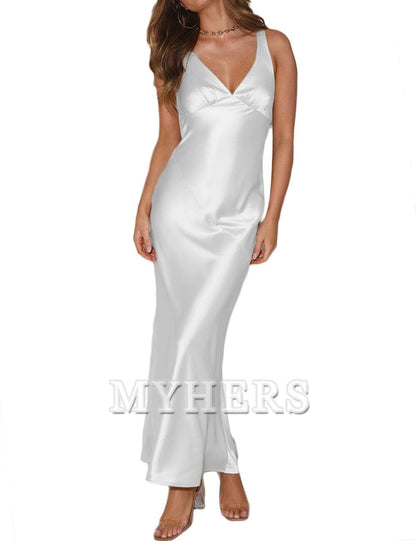 Elegant V Neck Backless Sleeveless Maxi Dress Low Back Bridesmaid Dresses Wedding Guests Dresses