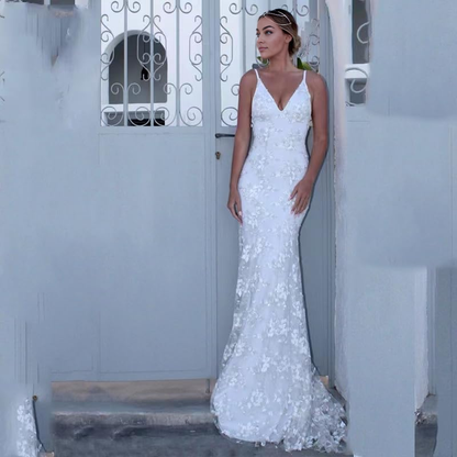 New Pattern Wedding Dress Lace Applique Spaghetti Straps Mermaid V Neck Open Back Bodycon Long Bridal Gown Formal Women's Dresses
