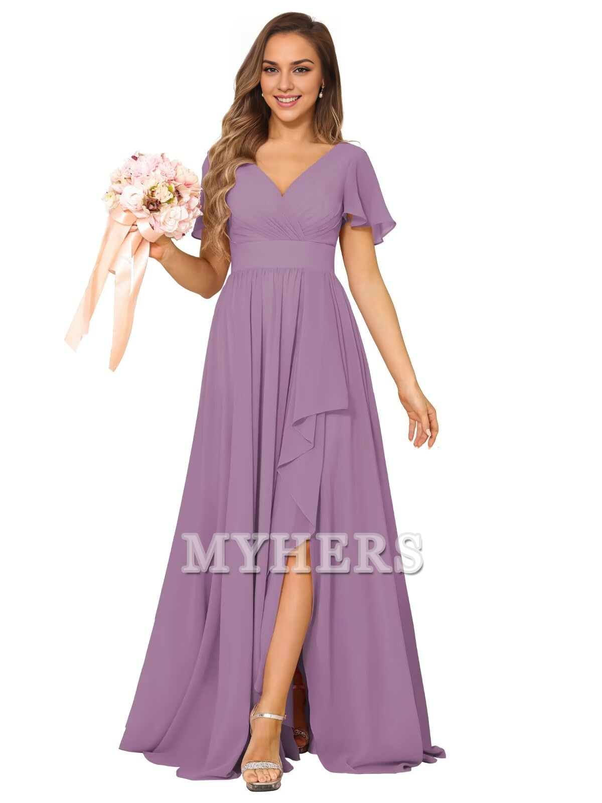 Elegant V Neck Chiffon Pleated Side Fork Exquisite Bridesmaid Dresses Wedding Guests Dresses