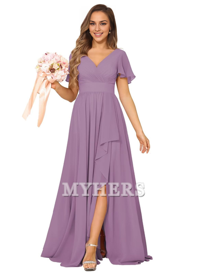 Elegant V Neck Chiffon Pleated Side Fork Exquisite Bridesmaid Dresses Wedding Guests Dresses