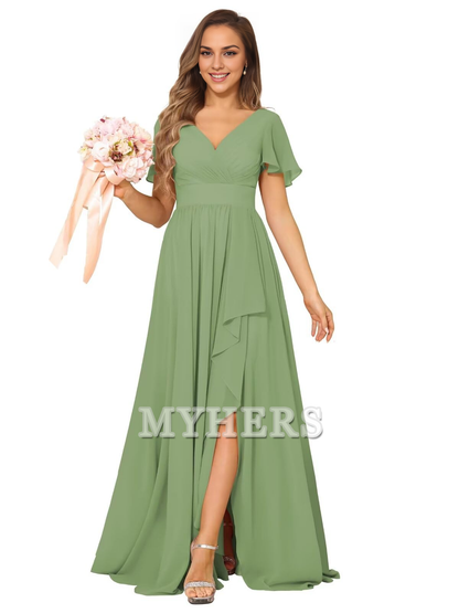 Elegant V Neck Chiffon Pleated Side Fork Exquisite Bridesmaid Dresses Wedding Guests Dresses