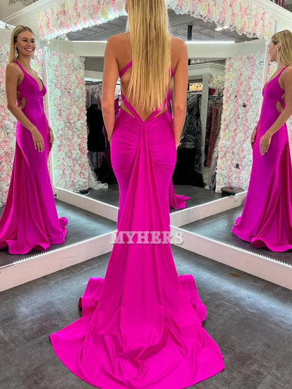 Formal Wear Dresses Wedding Guest Dresses V Neck Mermaid Cultivate oneself Backless Satin Long Prom Dress Personality Evening Dress
