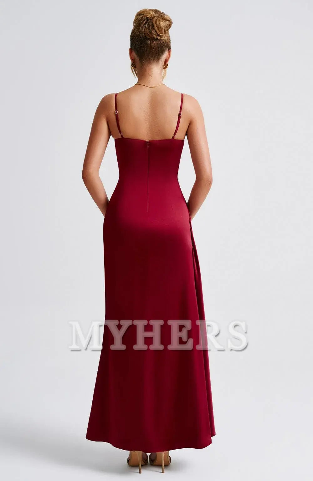 Elegant Spaghetti Strap Cowl Neckline Pleated Side Fork Charming Dresses Bridesmaid Dresses Wedding Guests Dresses