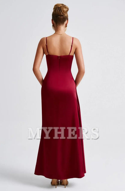Elegant Spaghetti Strap Cowl Neckline Pleated Side Fork Charming Dresses Bridesmaid Dresses Wedding Guests Dresses