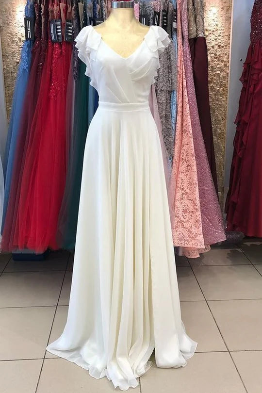 Chiffon V-Neck Backless Ruffled Long Bridesmaid Dress