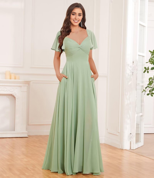 V-Neck Chiffon Ruffles Side Fork Long Elegant Exquisite Bridesmaid Dresses Wedding Guests Dresses