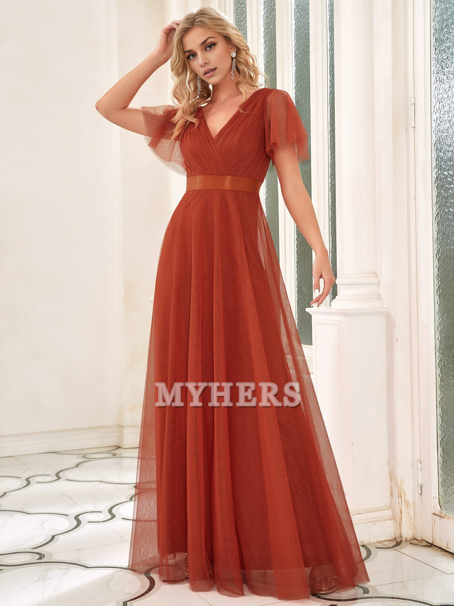 Pleated V-Neck Empire Waist Front Wrap Romantic Tulle Elegant Bridesmaid Dresses Wedding Guests Dresses