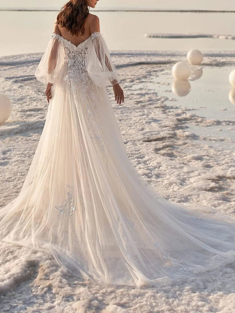 A-Line/Princess Off-the-Shoulder V-Neck Court Train Wedding Dress for Beaching Wedding