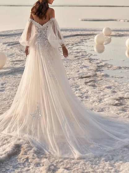 A-Line/Princess Off-the-Shoulder V-Neck Court Train Wedding Dress for Beaching Wedding