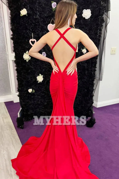 Formal Wear Dresses Wedding Guest Dresses V Neck Mermaid Cultivate oneself Backless Satin Long Prom Dress Personality Evening Dress