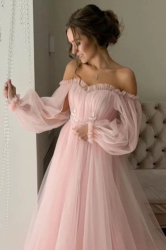 Off-the-Shoulder A-line Long Tulle Dress