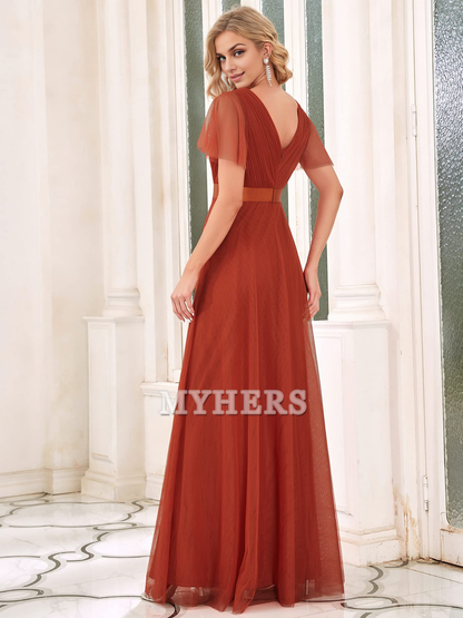 Pleated V-Neck Empire Waist Front Wrap Romantic Tulle Elegant Bridesmaid Dresses Wedding Guests Dresses