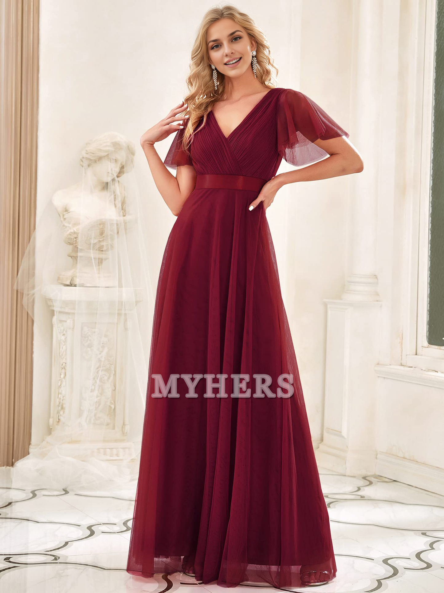 Pleated V-Neck Empire Waist Front Wrap Romantic Tulle Elegant Bridesmaid Dresses Wedding Guests Dresses