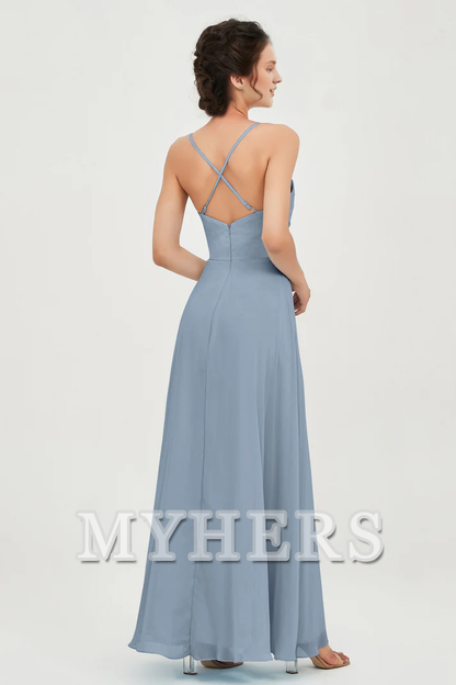 MY HERS Chiffon A-Line Spaghetti Strap Sweetheart Pleated Crossed Straps Floor-Length Elegant Simple Dresse Bridesmaid Dresses Wedding Guests Dresses