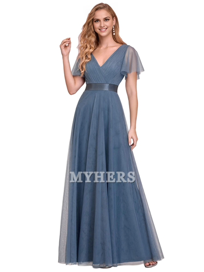 Pleated V-Neck Empire Waist Front Wrap Romantic Tulle Elegant Bridesmaid Dresses Wedding Guests Dresses