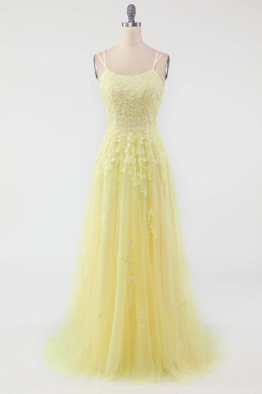 A-Line Yellow Round Neck Tulle Appliqued Spaghetti Straps Prom Dress