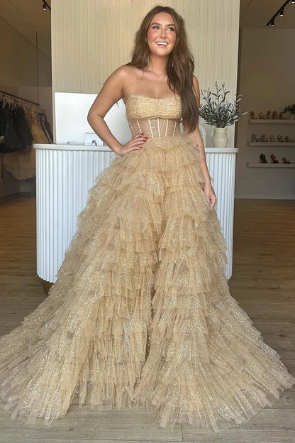 Strapless Tulle Sequin A-Line Prom Gown
