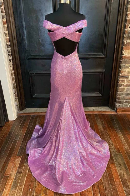 Sequin Off-the-Shoulder Backless Mermaid Long Prom Dress