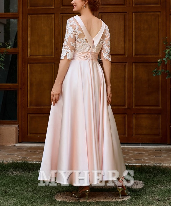 My Hers Exquisite Elegant Mother of the Bride Dress A-line Appliques Lace Ankle-Length Satin 1/2 Sleeves  Dignified Dress Wedding Guests Dresses