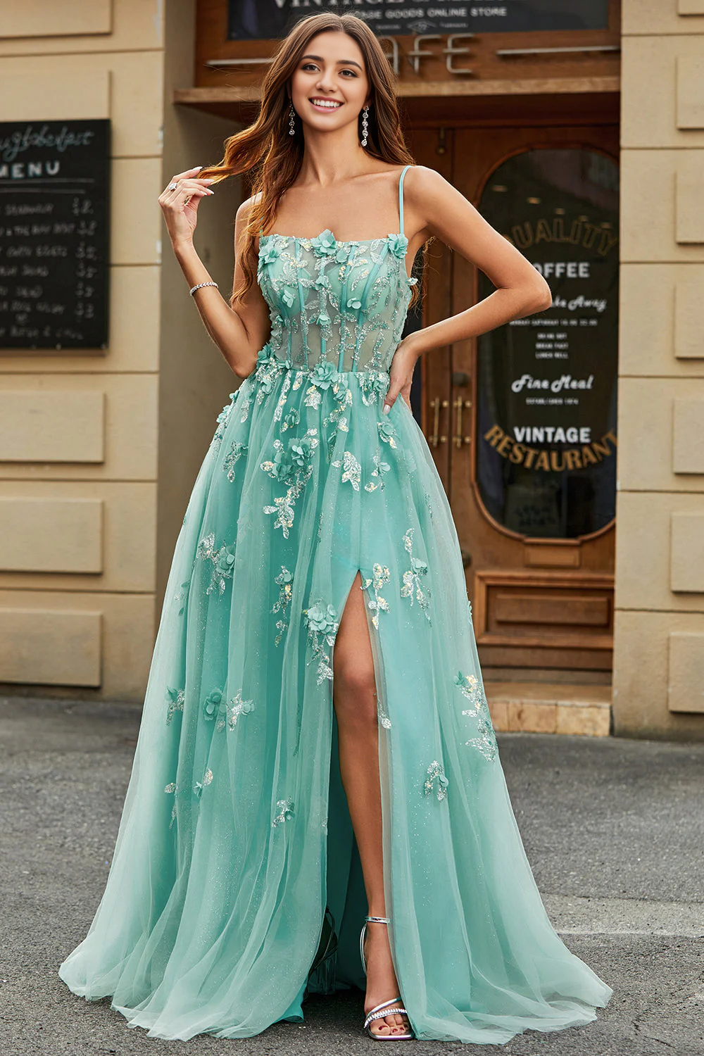 My Hers Ladies Formal Dress Exquisite A-Line Spaghetti Strap Tulle Corset Backless With Appliques Prom Dress
