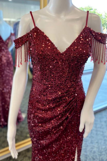 Sequin Cold-Shoulder Fringes Long Prom Dress with Slit