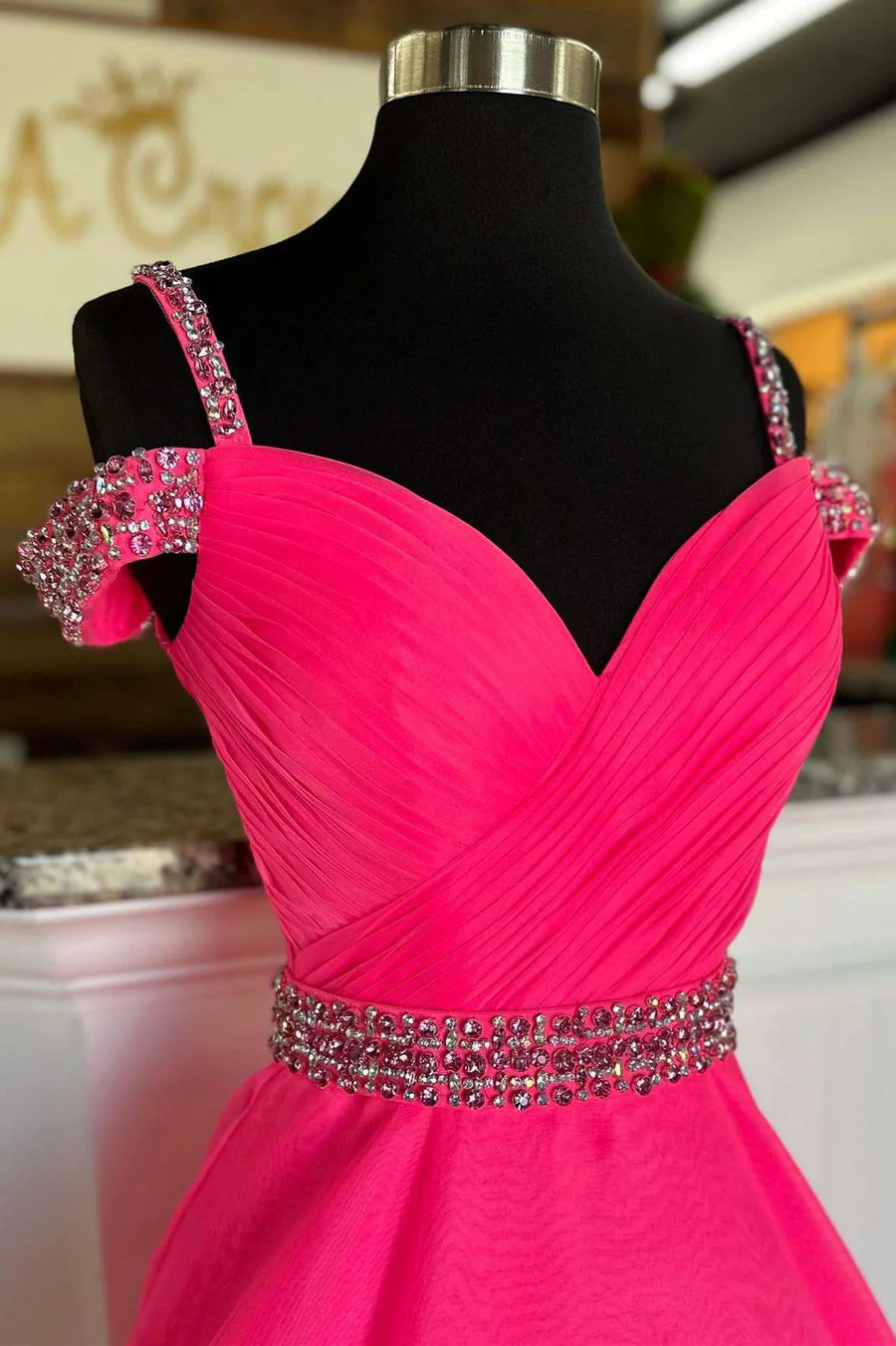 Beaded Cold-Shoulder A-Line Prom Dress