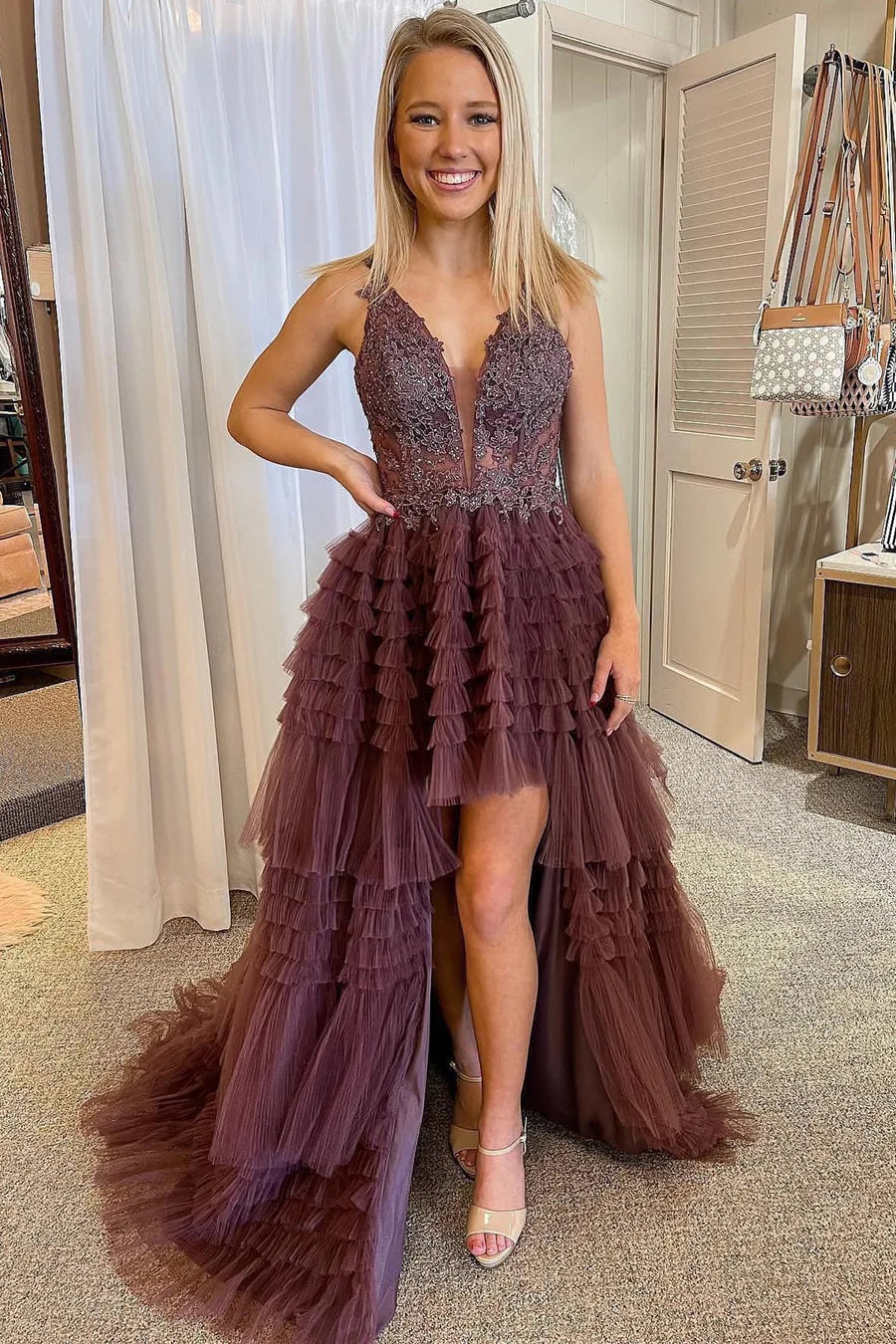 High-Low Tulle Plunge V Tiered Formal Gown with Ruffles
