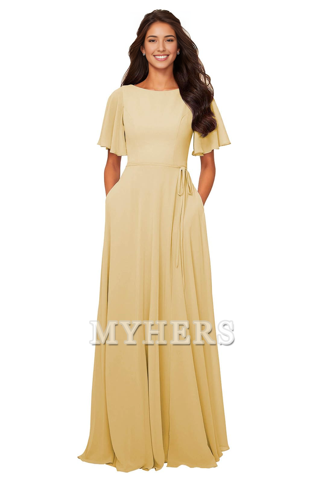 Chiffon Modest A Line Bateau Neck Flutter Sleeve Elegant Bridesmaid Dresses Wedding Guests Dresses