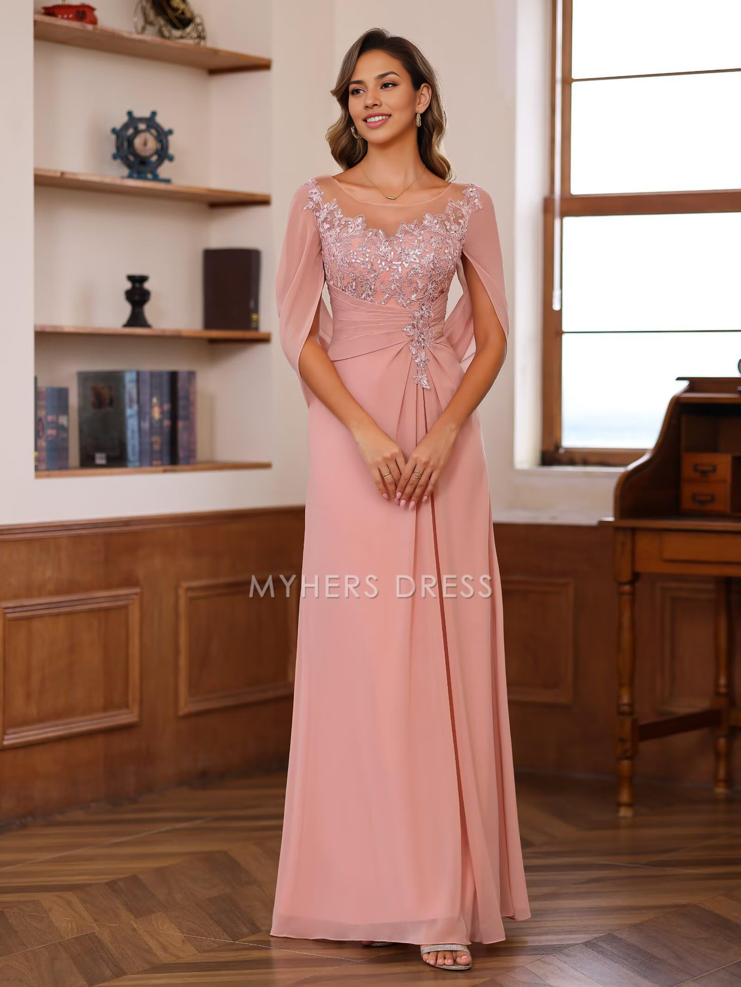 My Hers New Product Mother of The Bride Dress Lace Long Women Pleated Sequin Cape Scoop Illusion Chiffon Dresses Wedding Guests Dresses