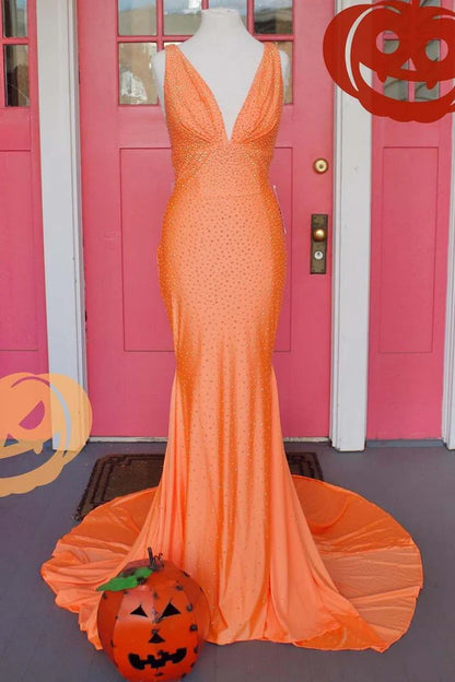 Beaded V-Neck Empire Long Formal Dress
