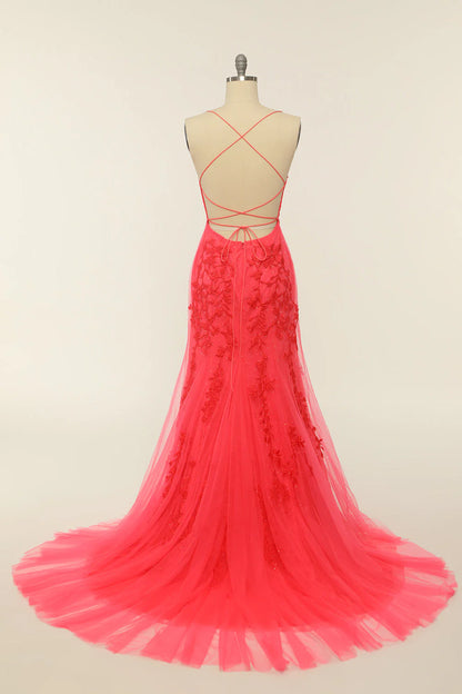 Mermaid Spaghetti Straps Light Pink Tulle Slim-fit Long Prom Dress with Appliques