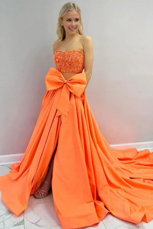 Two Piece Strapless Off-the-Shoulder Orange Satin Long Prom Dresses with Bow