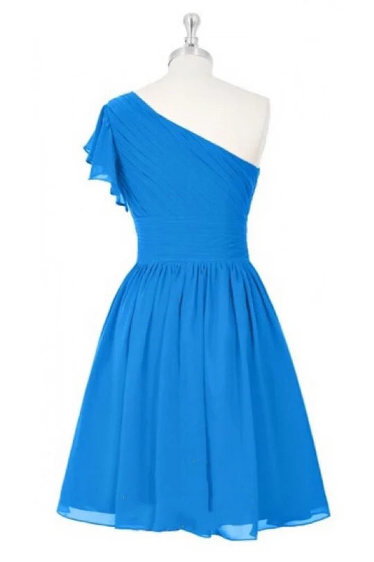 Blue Chiffon One-Shoulder A-Line Pleats Short Bridesmaid Dress