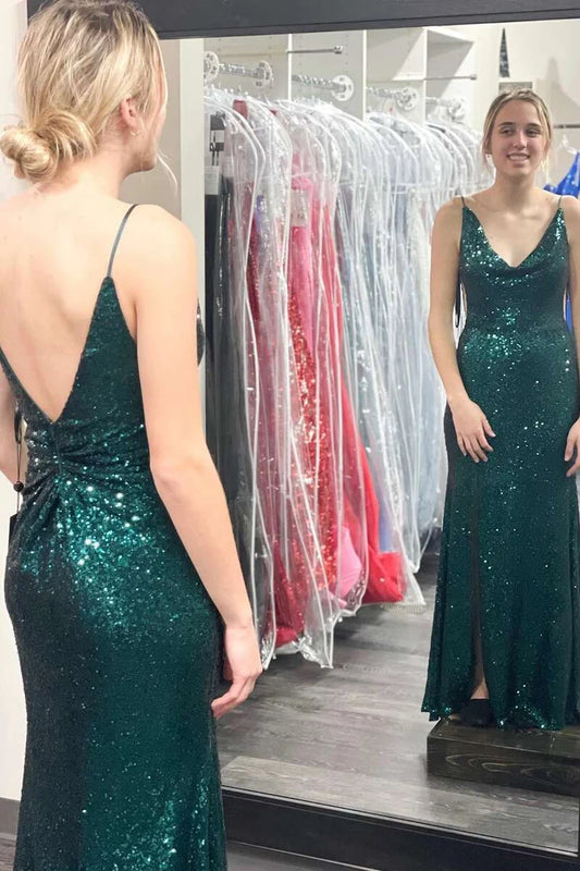 Sequin Cowl Neck Backless Long Formal Dress