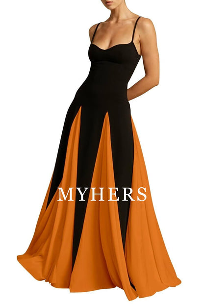 Formal Wear Dresses A Line Elegant Sleeveless Color Block Pleated Maxi Dress Low Cut Patchwork Swing Dress High Waist Flowy Sling Dress Prom Dress