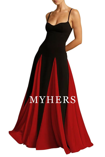 Formal Wear Dresses A Line Elegant Sleeveless Color Block Pleated Maxi Dress Low Cut Patchwork Swing Dress High Waist Flowy Sling Dress Prom Dress