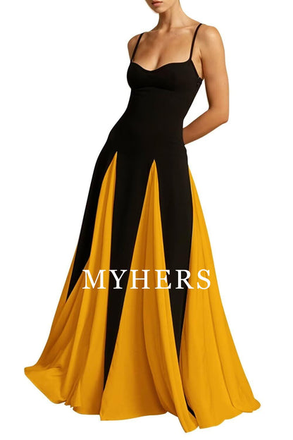 Formal Wear Dresses A Line Elegant Sleeveless Color Block Pleated Maxi Dress Low Cut Patchwork Swing Dress High Waist Flowy Sling Dress Prom Dress