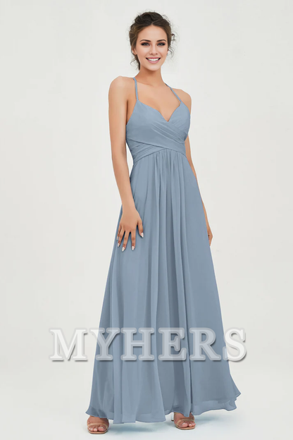 MY HERS Chiffon A-Line Spaghetti Strap Sweetheart Pleated Crossed Straps Floor-Length Elegant Simple Dresse Bridesmaid Dresses Wedding Guests Dresses