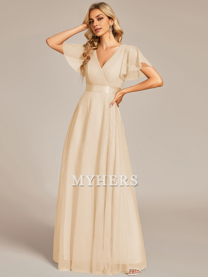 Pleated V-Neck Empire Waist Front Wrap Romantic Tulle Elegant Bridesmaid Dresses Wedding Guests Dresses