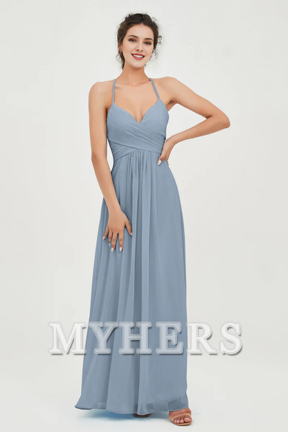 MY HERS Chiffon A-Line Spaghetti Strap Sweetheart Pleated Crossed Straps Floor-Length Elegant Simple Dresse Bridesmaid Dresses Wedding Guests Dresses