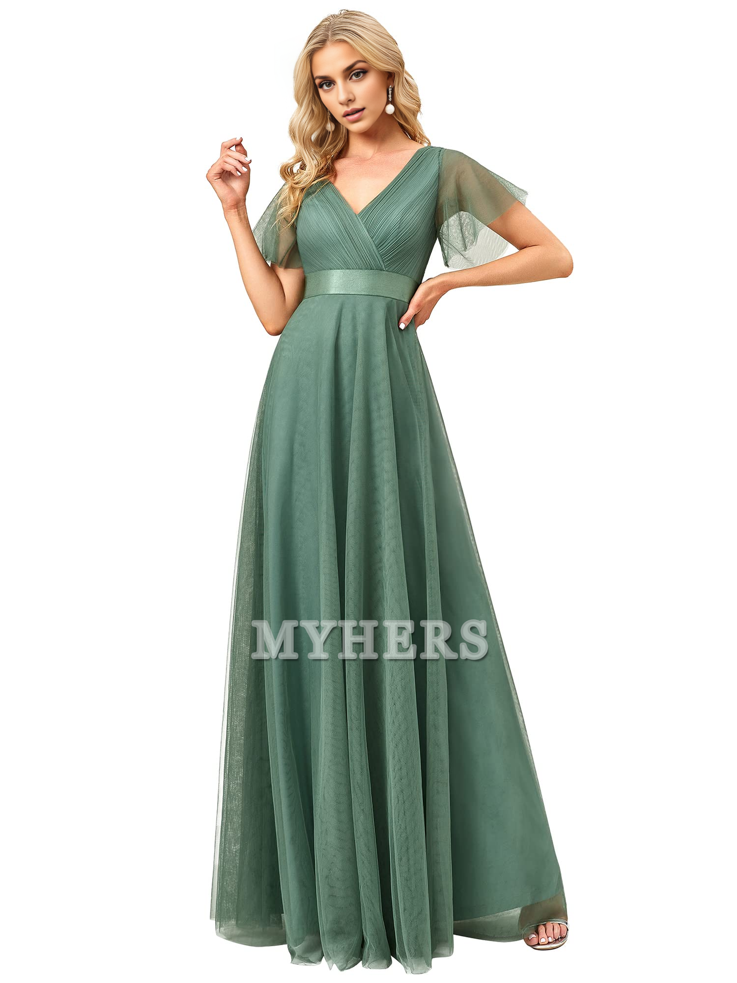 Pleated V-Neck Empire Waist Front Wrap Romantic Tulle Elegant Bridesmaid Dresses Wedding Guests Dresses