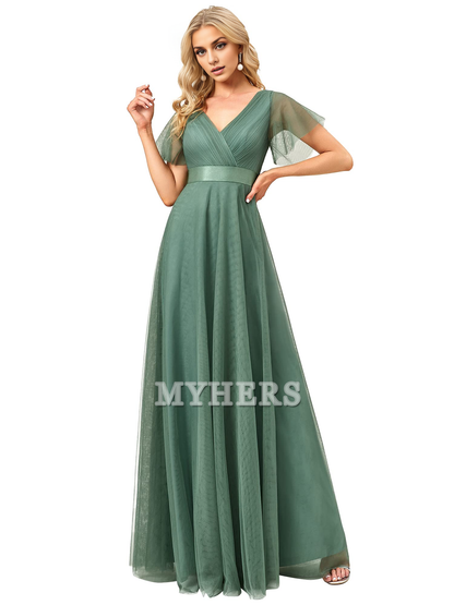 Pleated V-Neck Empire Waist Front Wrap Romantic Tulle Elegant Bridesmaid Dresses Wedding Guests Dresses