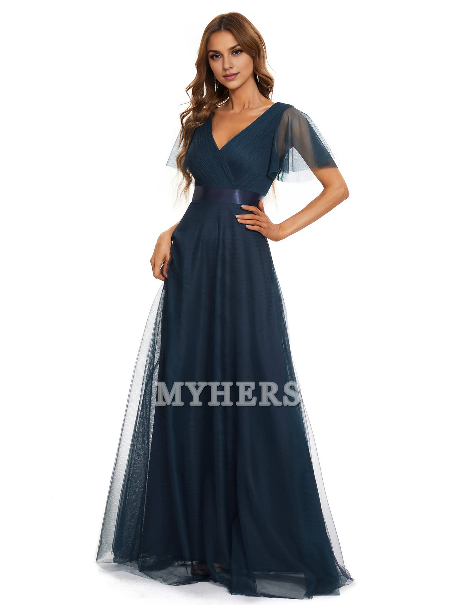 Pleated V-Neck Empire Waist Front Wrap Romantic Tulle Elegant Bridesmaid Dresses Wedding Guests Dresses