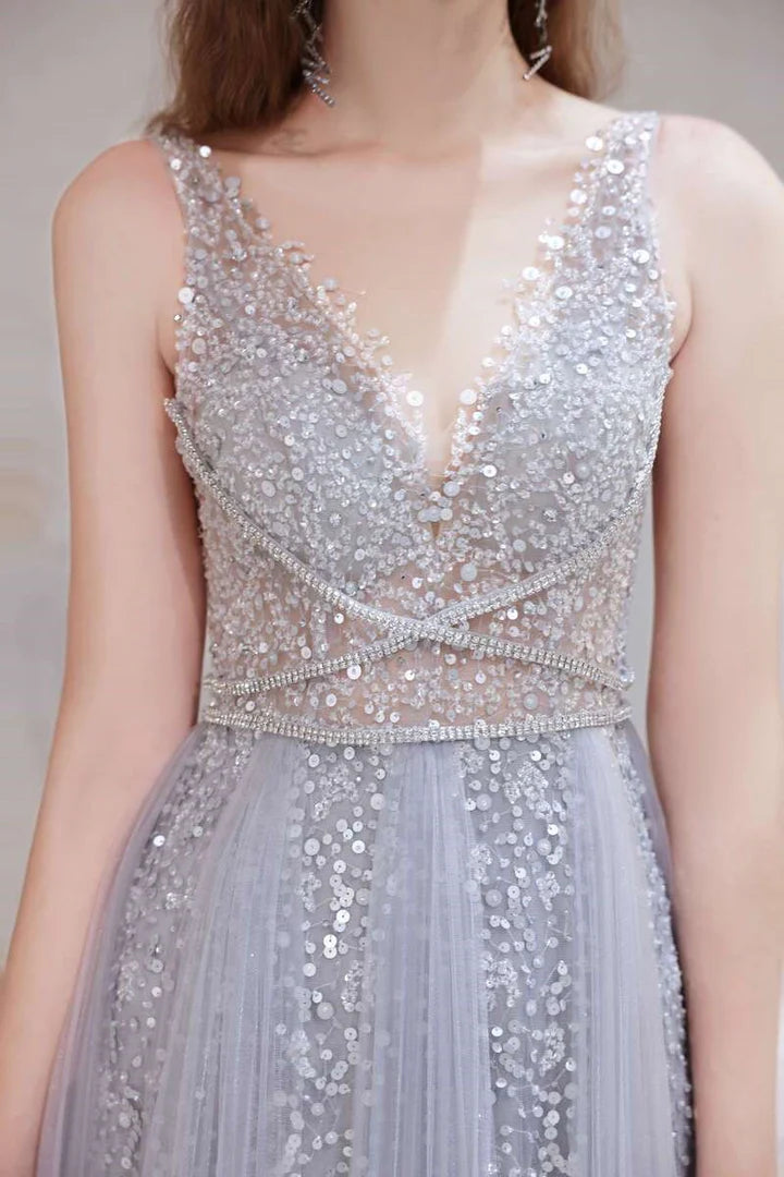 A-line Tulle V-neck Prom Gown with Feather Cape