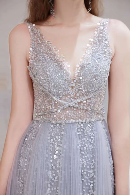 A-line Tulle V-neck Prom Gown with Feather Cape