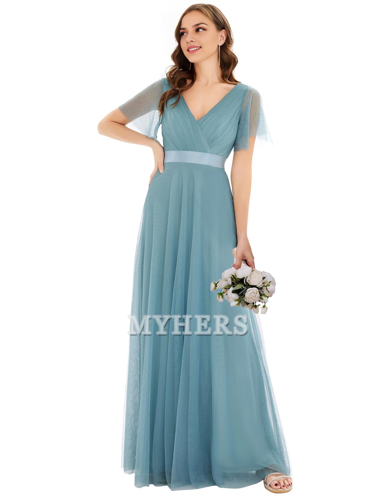 Pleated V-Neck Empire Waist Front Wrap Romantic Tulle Elegant Bridesmaid Dresses Wedding Guests Dresses